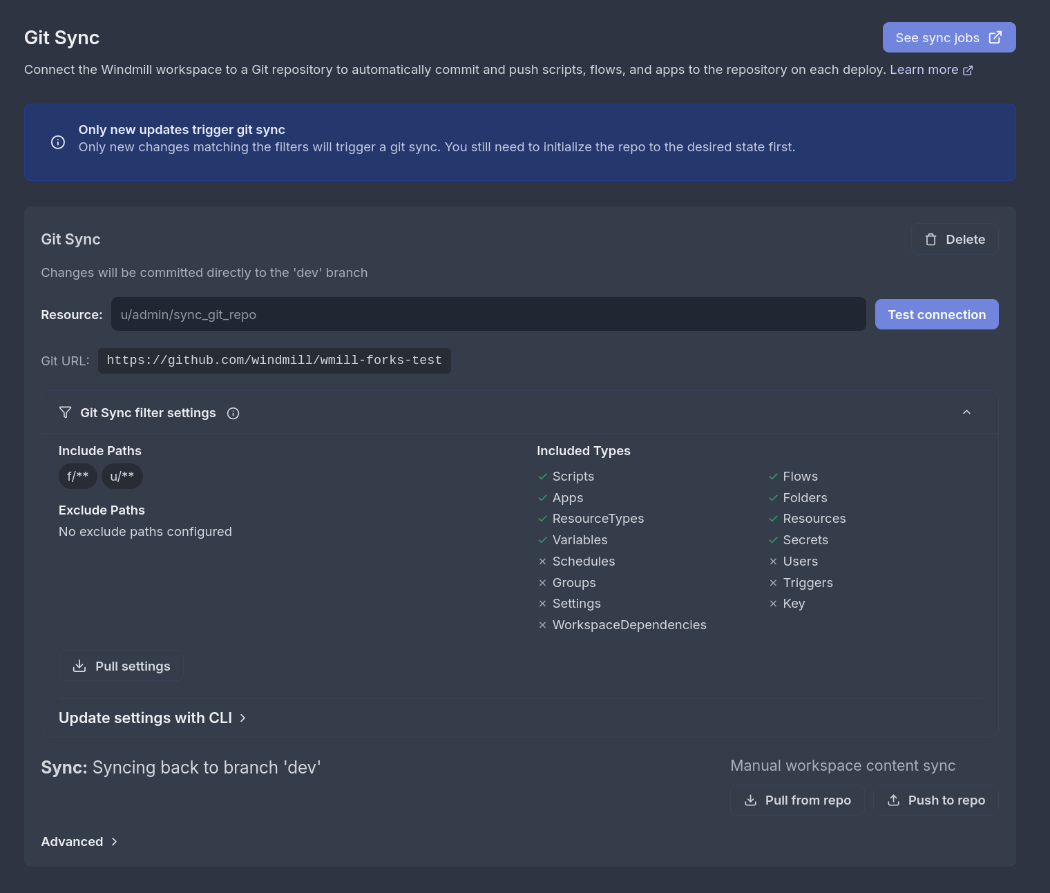 Git sync settings